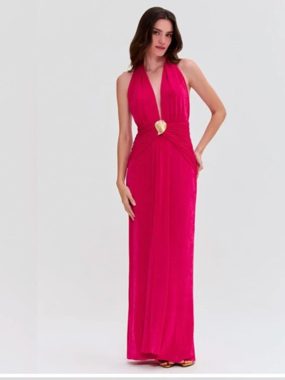 PatBO Jersey Halter Neck Gown Ruched Open Back Hot Pink Fuchsia 2 NWT